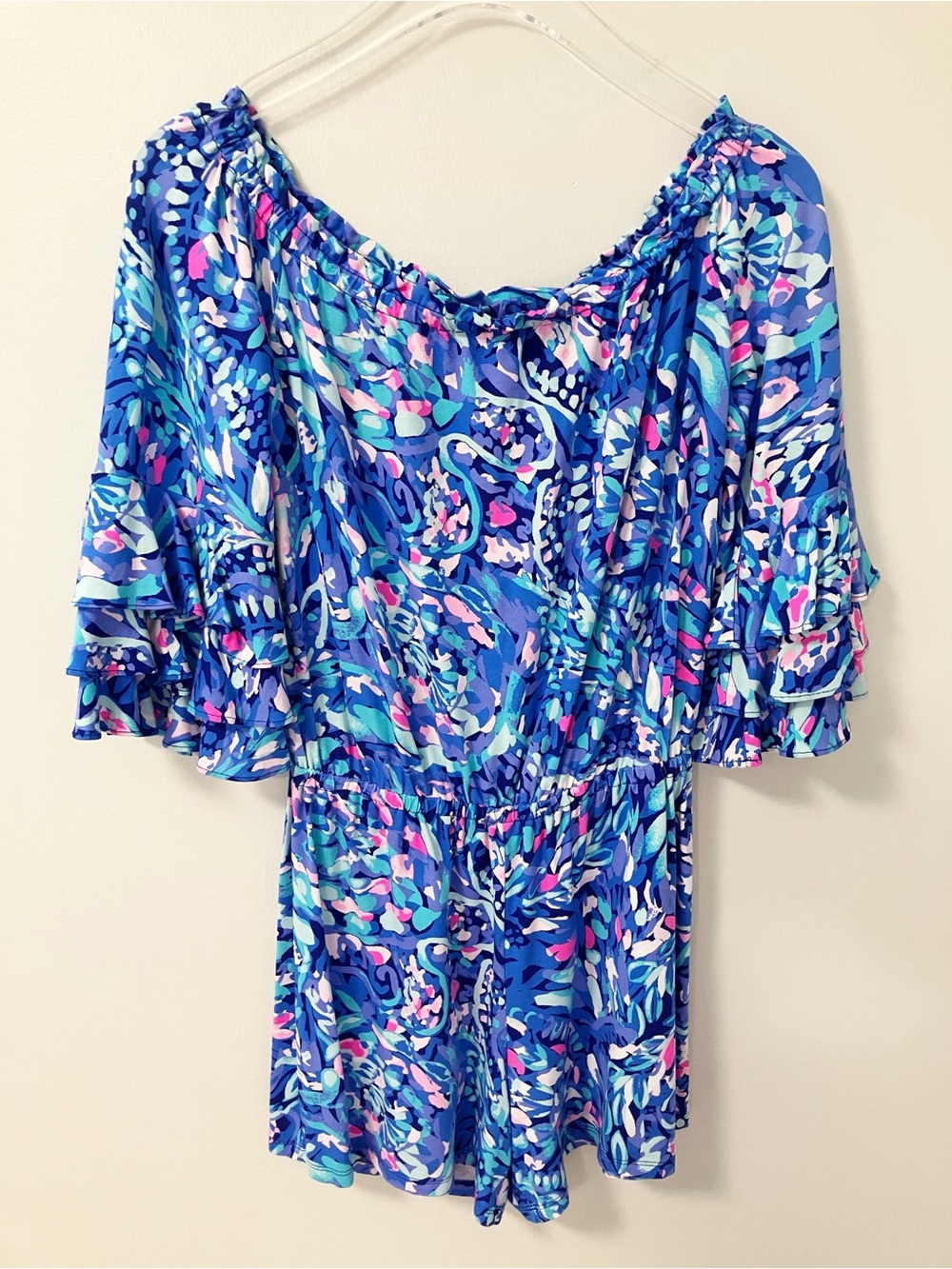 Lilly Pulitzer | Blue Calla Off The Shoulder Romper S Preppy Resort Tropical